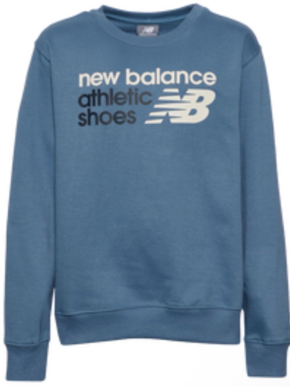 blue New Balance crew neck sweatshirt with a graphic logo